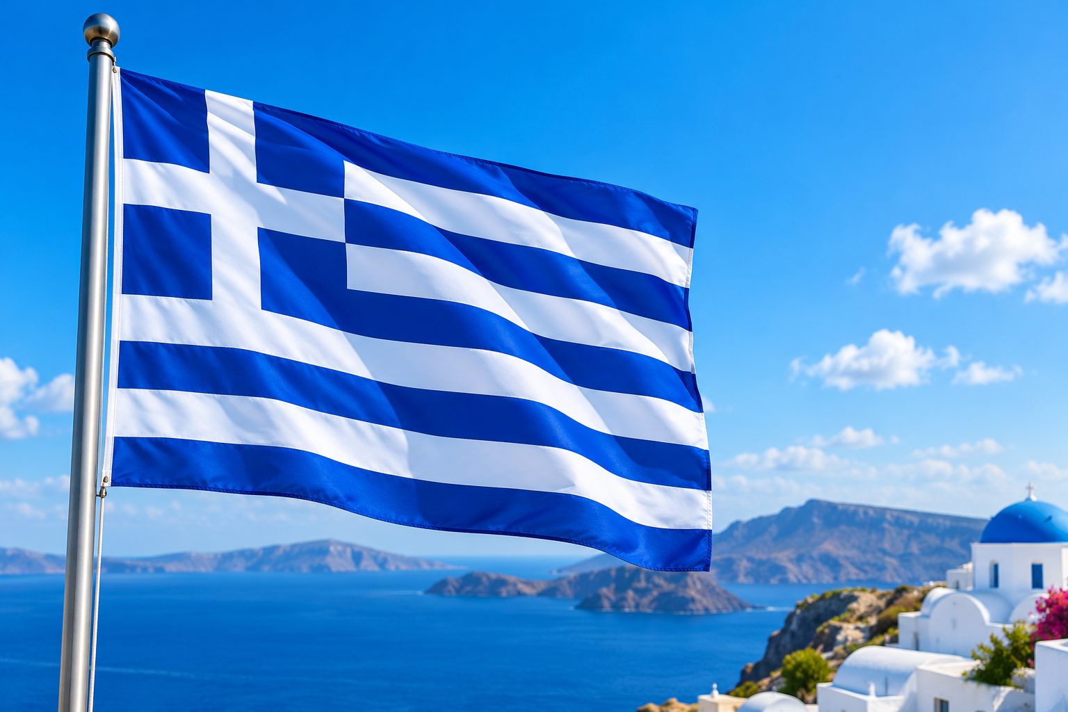 Blue and white national flags waving, including Argentina and Greece