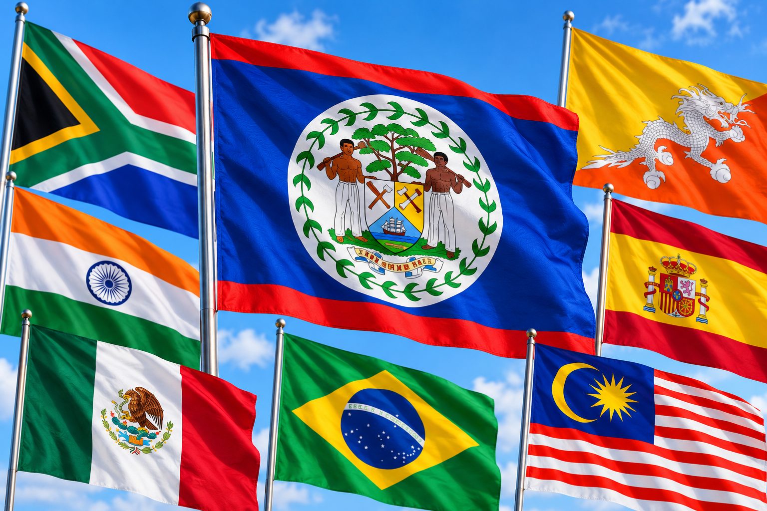 Collage of the world's most colorful national flags displayed together
